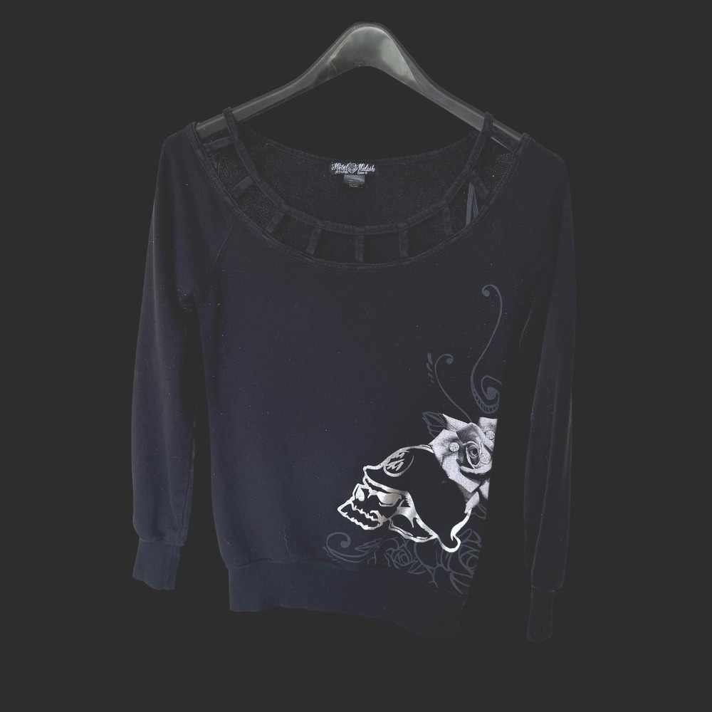 Y2K Metal Mulisha Womens Black Skull Rose‎ Sweatshirt Cage Neck Small